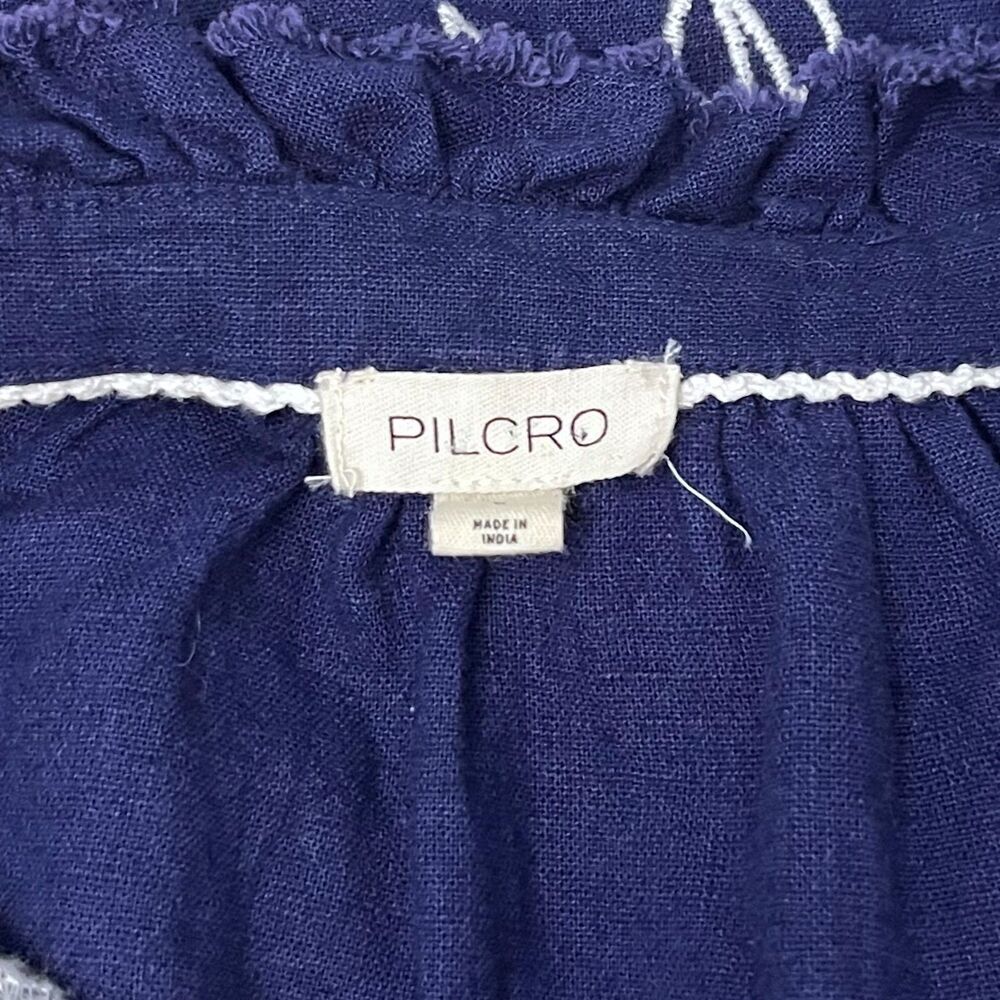 Pilcro Tavi Embroidered Linen Blend Blouse Navy Floral Ruffle Neck Size Large - Picture 8 of 11